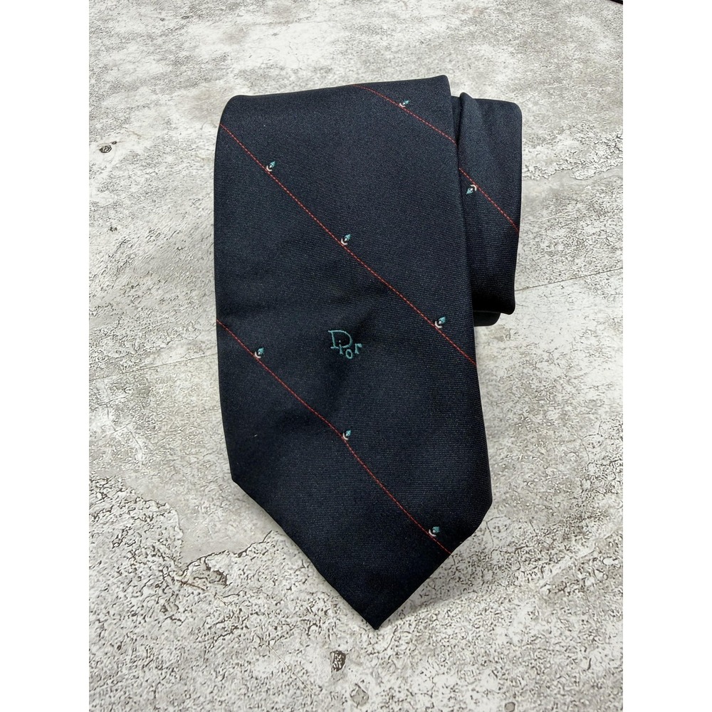 Christian Dior‎ Polyester Silk Tie Mens OS Blue Striped Embroidered Necktie VTG